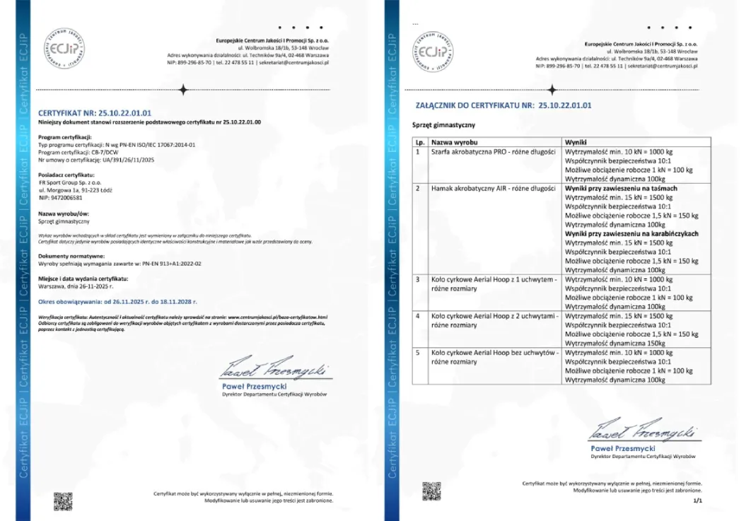 Certyfikat norma 913 aerial hoop